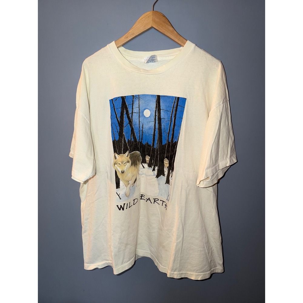 Vintage 1995 Human-i-Tees Wolf Graphic T-Shirt Hanes Heavyweight XXL Cream 90s